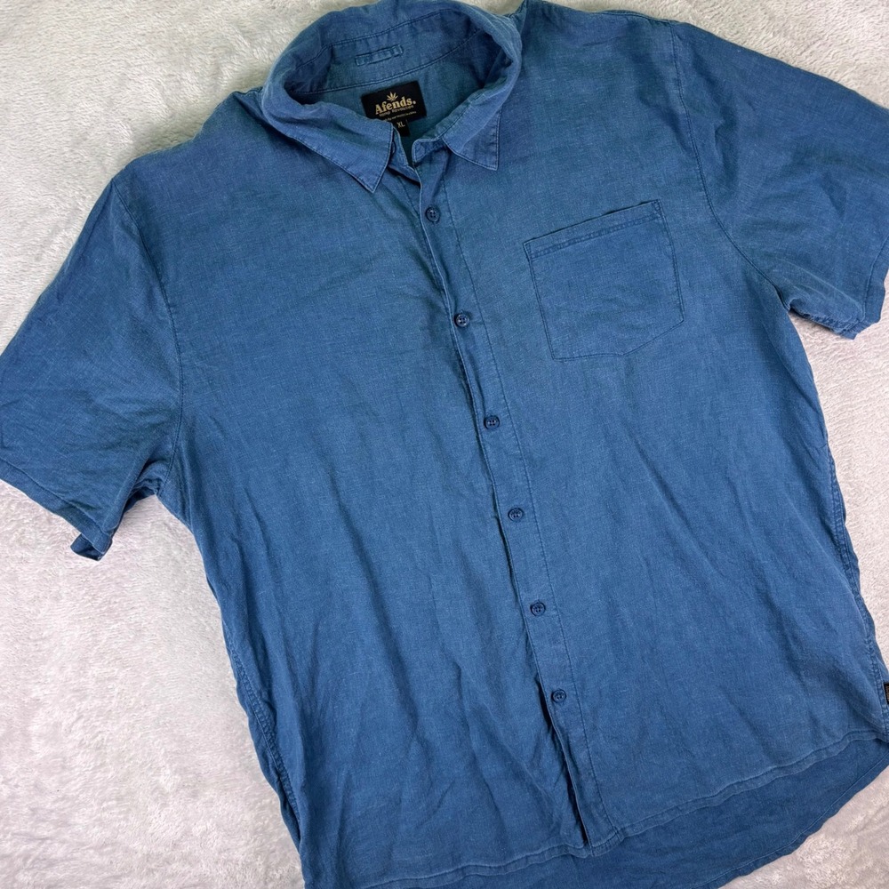 Afends Hemp Revolution Men's Short Sleeve Button‎ Up Shirt Sz XL Blue Hemp Blend